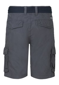 Shorts cargo gris avec une ceinture tissée bleu marine, dotés de deux poches arrière et de poches cargo latérales. Tissu texturé avec une finition lisse.