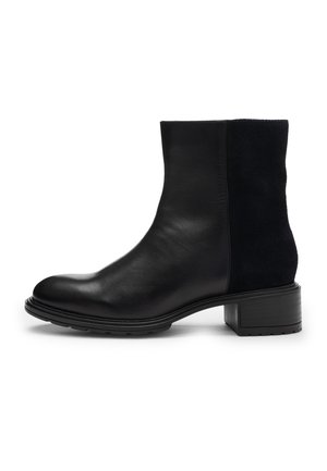 Black ankle boot with smooth leather front, suede back, rounded toe, and block heel on white background.