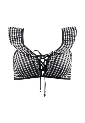 Czarny i biały bikini top w kratkę, z falbankowymi ramiączkami oraz frontowym wiązaniem z regulowanymi sznurkami i dekoracyjnymi koralikami.