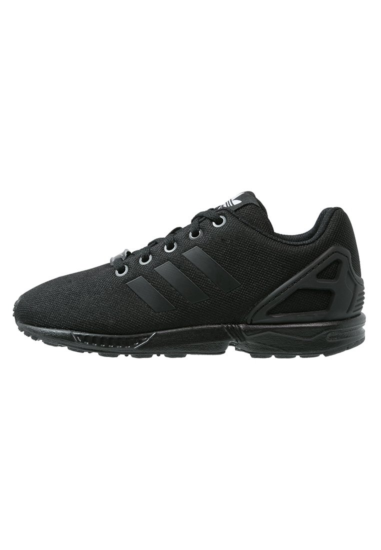 Black athletic shoes with a textile upper, three black stripes, lace-up closure, and a rubber sole featuring a distinct angular design.
