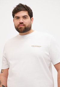 Camiseta blanca de manga corta hecha de algodón, con un pequeño logo dorado en la zona izquierda del pecho. Textura suave, diseño de cuello redondo.