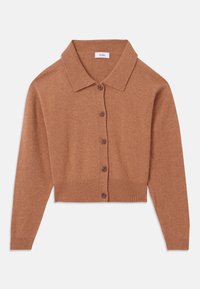 Brun strikket cardigan med kragehals, frontlukking med knapp og ribbet kant. Har lange ermer og glatt tekstur.