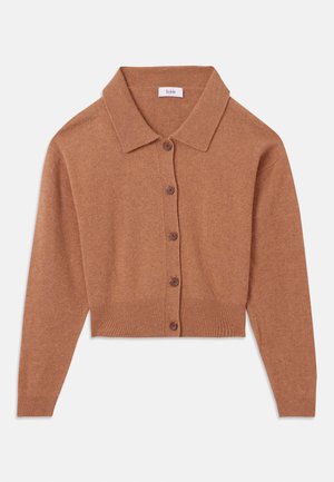 Hnědý pletený cardigan s límečkem, předním zapínáním na knoflíky a žebrovaným lemem. Má dlouhé rukávy a hladkou texturu.