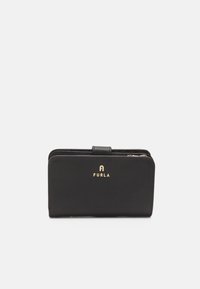 Portefeuille en cuir noir avec surface texturée, détails du logo doré, fermeture zippée et rabat. Design compact rectangulaire avec bords arrondis.