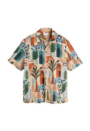 Koszula z krótkim rękawem na guziki z abstrakcyjnymi geometrycznymi i botanicznymi wzorami w ziemistych odcieniach zieleni, pomarańczu, niebieskiego i beżu.