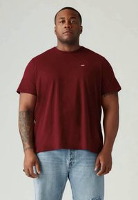 Bordo spalvos medvilniniai marškinėliai trumpomis rankovėmis ir apvalia iškirpte. Ant krūtinės yra mažas logotipas. Dėvimi su šviesiai mėlynomis suplyšusiomis džinsinėmis kelnėmis.