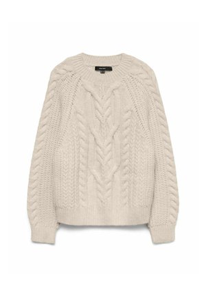 Cremefarvet kabelstrikket sweater med lange ærmer, rund halsudskæring og indviklede fletstrik mønstre på fronten og ærmerne.