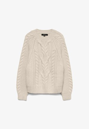 Kremfarget kabelstrikket genser med lange ermer, rund halslinning og intrikate flette-strikkemønstre på fronten og ermene.