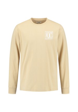 Lange mouwen, lichtbeige katoenen t-shirt met een ronde halslijn, voorzien van een witte grafische boxlogo op de linkerkant van de borst.