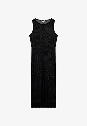 Robe longue noire sans manches en tissu transparent à texture ondulée et col rond, présentée à plat sur fond blanc.