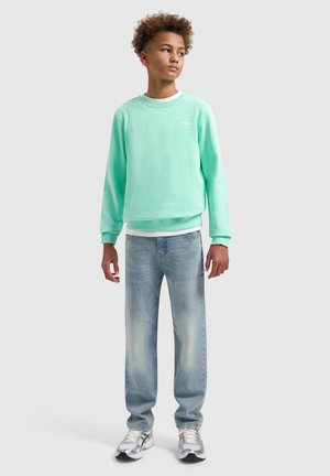 Tienerjongen staand, draagt een mintgroene trui, lichtblauwe spijkerbroek, witte sneakers, kijkt iets naar de zijkant tegen een effen achtergrond.