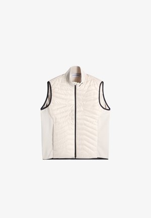 Sleeveless white quilted vest with black trim, front zipper, and stand collar, isolated on white background.