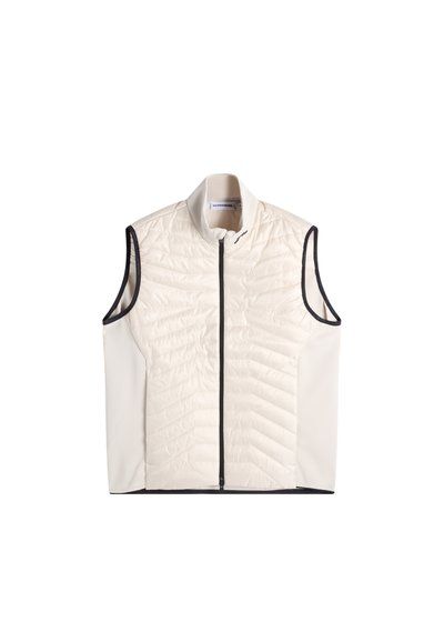 Gilet smanicato bianco trapuntato con bordo nero, cerniera frontale e collo alto, isolato su sfondo bianco.