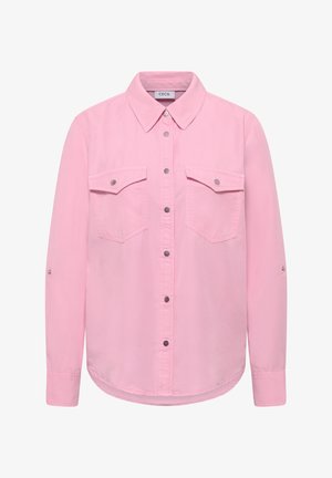 Różowa koszula na długie rękawy z kołnierzykiem i dwoma klapowymi kieszeniami na piersi, z zatrzaskami na przodzie i na rękawach.