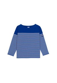 Blau-weiße gestreifte Langarmshirt mit rundem Halsauschnitt. Aus Baumwollmischung, mit kleinem Logo auf dem linken Ärmel.