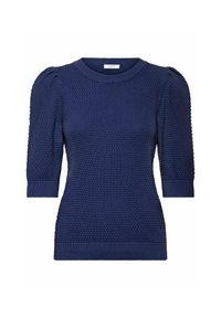 Námořnický modrý pletený svetr s texturovaným vzorem, krátkými nabíranými rukávy a žebrovanými manžetami a lemem. Obsahuje klasický kulatý výstřih.