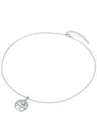 Silberne Halskette mit einem runden Anhänger im Baumdesign, filigranen Details und einer zarten Kette mit verstellbarem Verschluss.