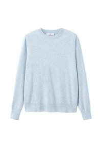 Svijetloplava dugoslojevita majica s crewneck izrezom, s rebrastim manžetama i rubom, prikazana na bijeloj pozadini.