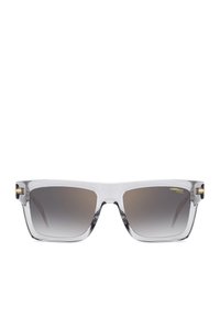 Occhiali da sole con montatura in acetato trasparente, lenti grigie sfumate, forma quadrata, accenti dorati sulle stanghette e un design moderno e elegante.