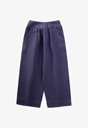 Jūras zilas, platās kājas bikses, izgatavotas no teksturēta auduma; ar elastīgu jostasvīru un divām sānu kabatām.