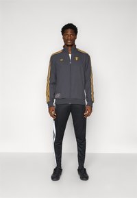 Γκρι ζακέτα με φερμουάρ και κίτρινες ρίγες και λογότυπο, σετ με μαύρο παντελόνι με λευκές πλαϊνές ρίγες. Το υλικό φαίνεται λείο και αθλητικό.