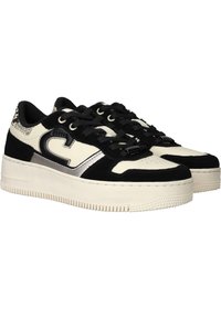 Zwarte en crèmekleurige sneakers van suède en leren materialen, met een ronde neus, vetersluiting en een geprofileerde rubberen zool. Voorzien van logo-detail.