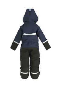 Tuta da neve per bambini blu navy e nera, dotata di cappuccio, strisce riflettenti e chiusura frontale con cerniera, progettata per offrire calore e comfort.