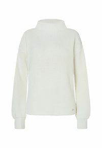 Cremefarbener, gestrickter Pullover mit hohem Kragen, weiten Ärmeln und geripptem Muster. Verfügt über ein dezentes Logo am Saum.