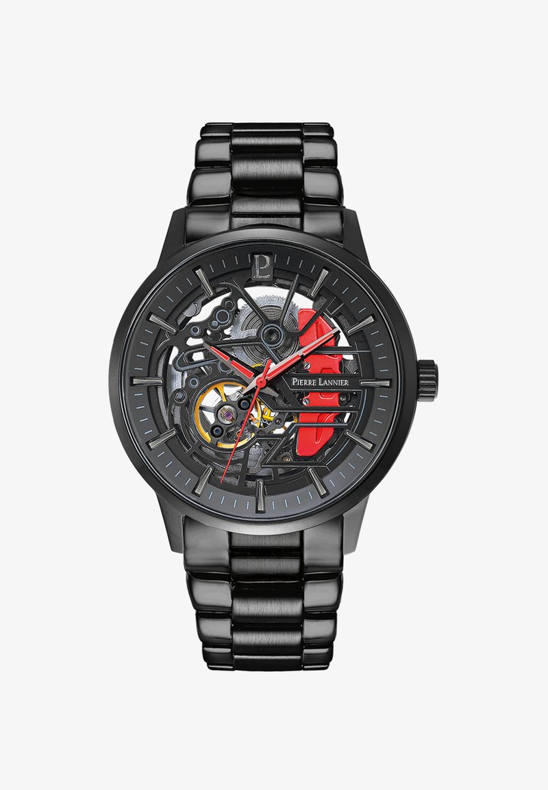 Skelettuhr mit einem schwarzen Edelstahlarmband, schwarzem Zifferblatt, roten Akzenten und sichtbaren Zahnrädern. Verfügt über minimalistische Stundenmarkierungen und Zeiger.