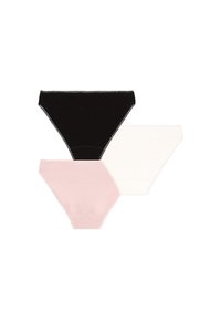 Tre paia di mutandine da donna: una nera, una bianca e una rosa chiaro. Ognuna ha un tessuto liscio, una vita scallop e non presenta motivi visibili.