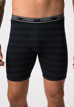 Black striped boxer shorts featuring a soft elastic waistband with "JP1880" logo, made of stretchy material for comfort and fit.