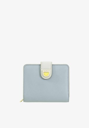 Portefeuille compact bleu clair avec fermeture pression blanche avec un petit accent métallique doré et jaune sur le devant.
