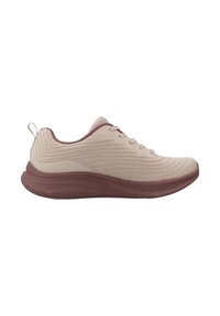 Lichtbeige sportchoenen met een textuurgebreide bovenkant, bordeauxrode accenten, elastische veters en een dikke, opgemaakte zool voor ondersteuning.