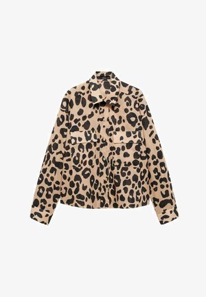 Leopard print shirt in beige and black, featuring a collared neckline, button front, two chest pockets, and long sleeves.