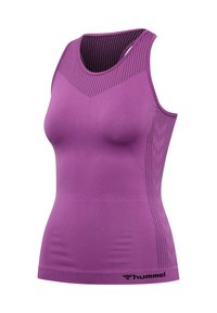 Purple athletic tank top with a fitted design. Features mesh detailing along the shoulders and sides, and a logo near the hem.