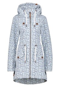 Kobieca kurtka przeciwdeszczowa z kapturem w niebieskie i granatowe kropki, z przodem na zamek błyskawiczny, ściągaczem w talii oraz kieszeniami z klapką zapinanymi na guziki.