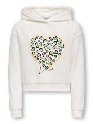 Hvit cropped hettegenser med et stort hjerte laget av flerfargede leopardmønstrede hjerter og ordet "Love" under.