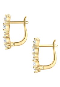 Zelta riņķveida auskari ar teksturētu dizainu, kuros ir pieci caurspīdīgi akcenti priekšpusē, demonstrējot gludu apdari un drošu aizdari.