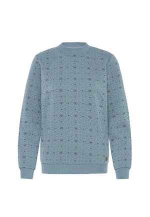 Hanorac albastru deschis cu un model geometric maro închis, guler și mansete cu bordură, textură moale și o mică etichetă cu logo la tiv.