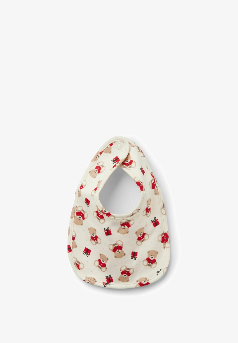 Bavaglino in cotone con sfondo crema e illustrazioni ripetute di orsi che indossano sciarpe rosse e tengono scatole regalo, con chiusura a scatto.