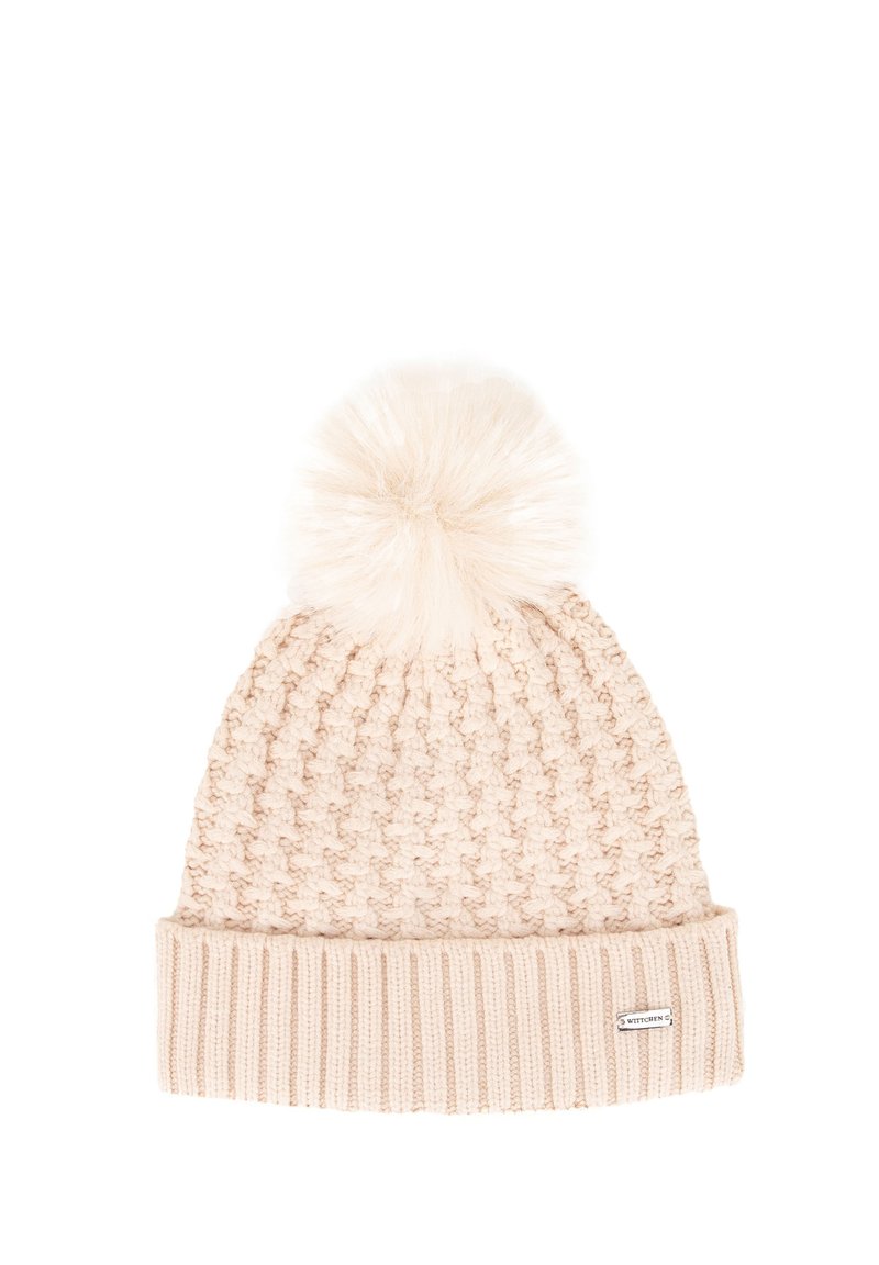 Cappello beige lavorato a maglia con corpo testurizzato, risvolto a coste piegato e un morbido pon pon sulla sommità. Presenta una piccola etichetta del marchio sul risvolto.