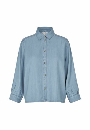 Hele sinine teksariidest särk krae ja pikemate varrukatega, mille varrukaservad on kogutud ja ees nupuga. Pehme tekstuur ja klassikaline disain.