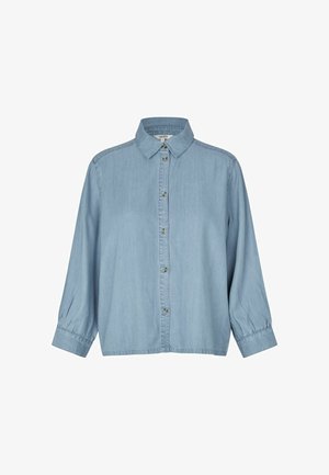 Light blue denim shirt with a collared neckline, long sleeves with gathered cuffs, and button-down front. Soft texture and classic design.