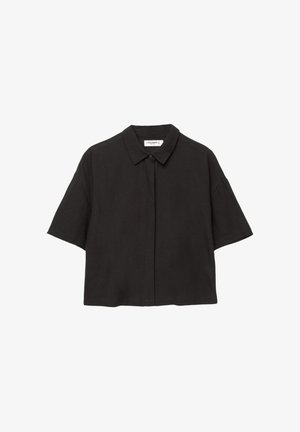 Lyhyttä hihaista mustaa paitaa on valmistettu kevyestä kankaasta. Siinä on napitettu etuosa, kaulus ja rento istuvuus. Sileä pinta ja yksinkertainen muotoilu.