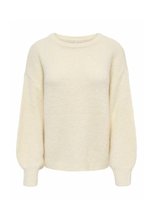 Pull tricoté couleur crème avec manches longues bouffantes et col rond sur fond blanc.
