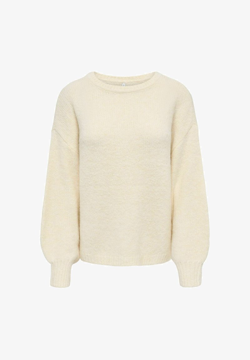 Pull tricoté couleur crème avec manches longues bouffantes et col rond sur fond blanc.