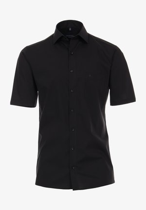 Czarna koszula na krótki rękaw z guzikami i kołnierzykiem, z kieszenią z przodu i małym logo na piersi, prezentowana na manekinie.