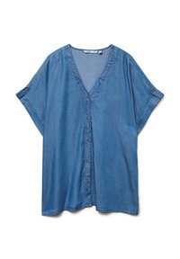 Blue denim short-sleeve blouse with V-neck, front buttons, and buttoned sleeve tabs, laid flat on a white background.