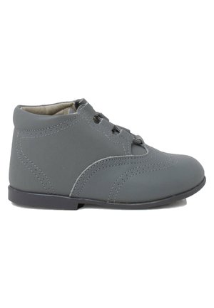 Gray leather ankle boot with a rounded toe, decorative stitching, lace-up closure, and a flexible rubber sole. Smooth texture.