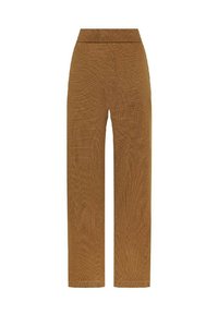 Pantaloni brown a gamba larga con superficie testurizzata, caratterizzati da una vita alta elasticizzata e gambe a taglio dritto, realizzati in un tessuto morbido.